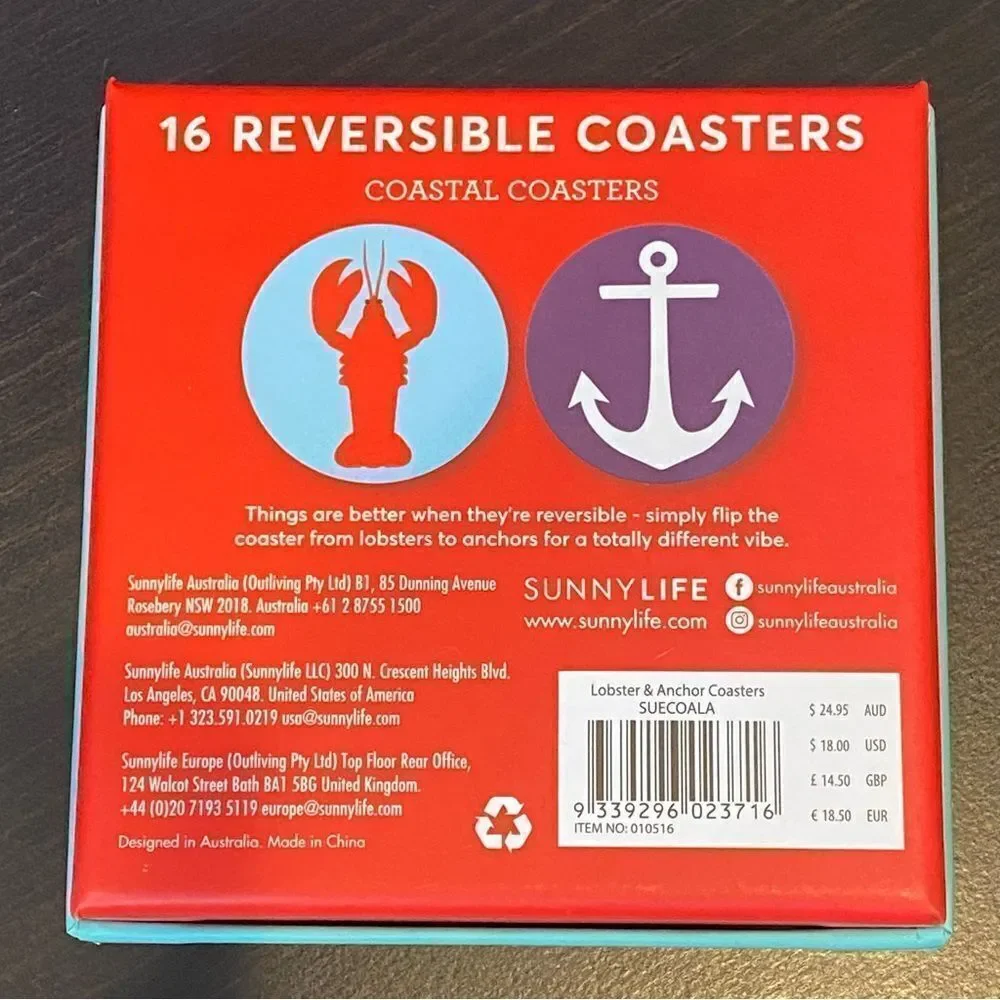 Sunny Life Set 16 Reversible Coastal Coasters Anchor Lobster NWT